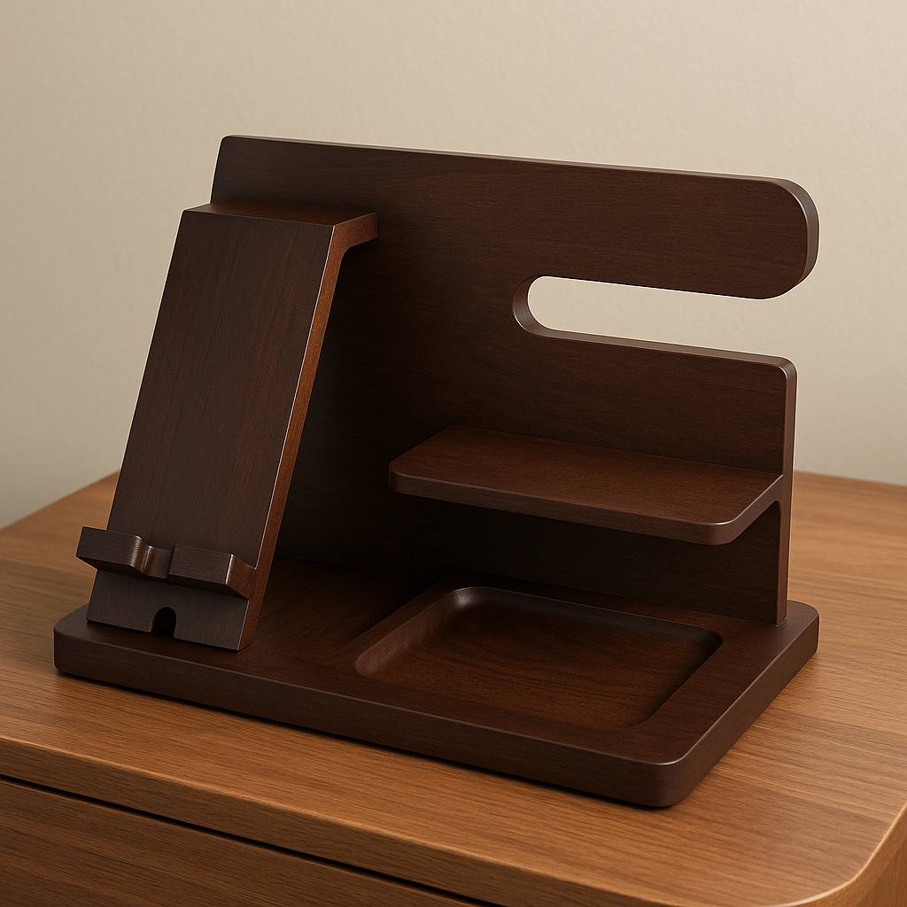 Wooden Phone Docking Station for Men – Nightstand Organizer for Wallet, Keys, Watch, Pen & Glasses – Best Gift for Husband, Dad, Boyfriend