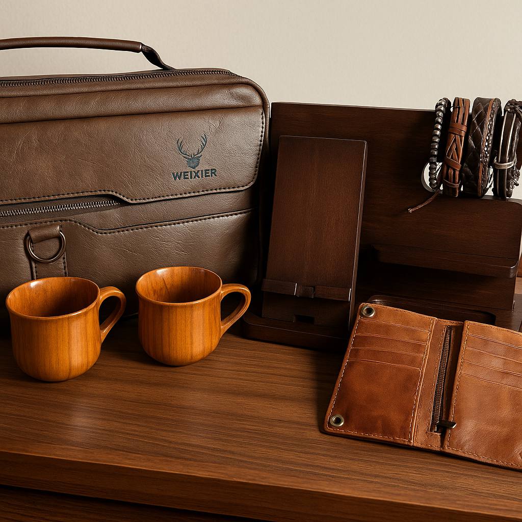 Luxury Men's Gift Box: Leather Briefcase, Wooden Organizer, Wallet & Mugs / Luxury Business Gift for Him, Husband , Dad