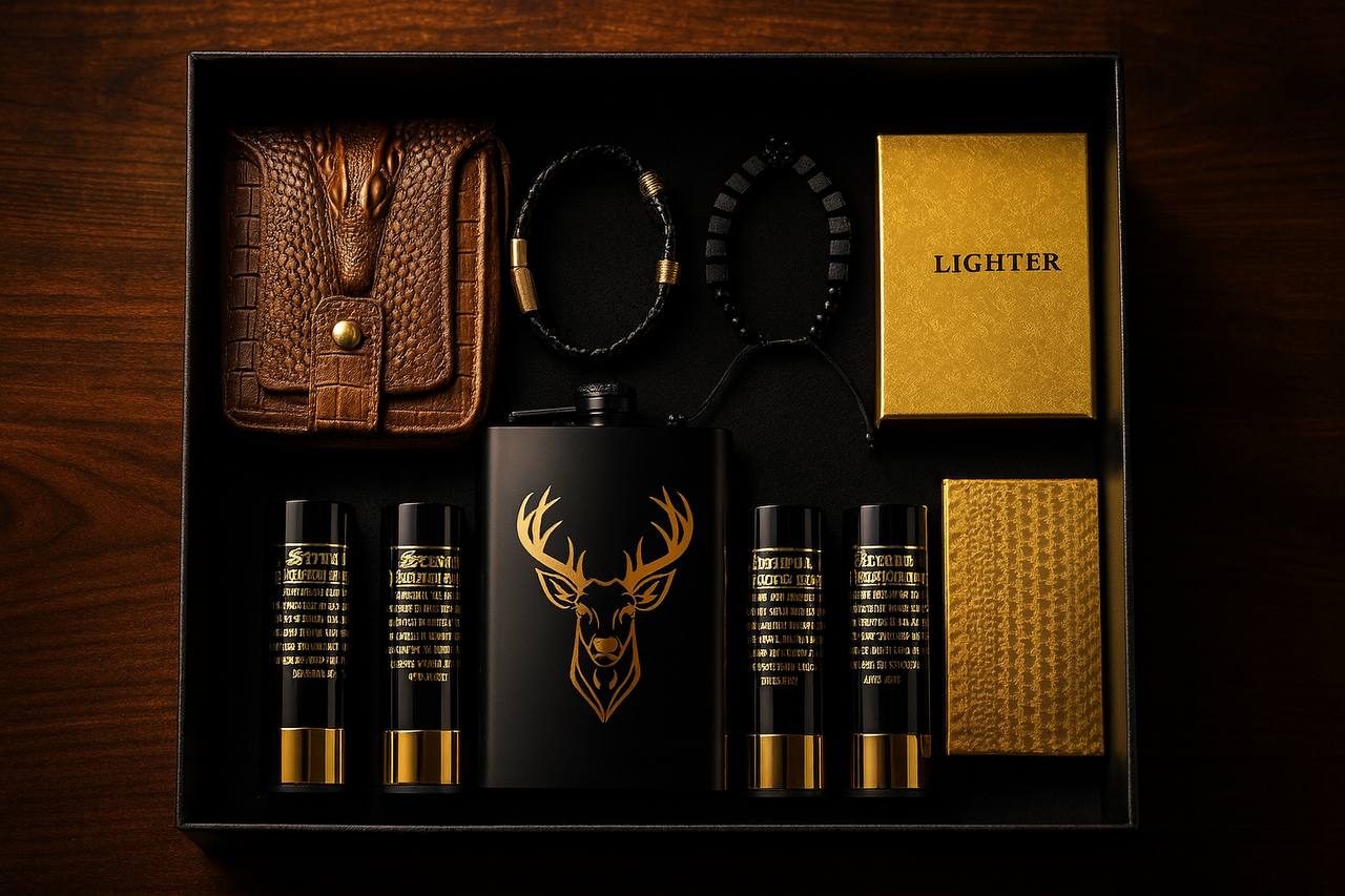 Men's Gift Box Set: Leather Wallet, Bracelet, Whiskey Shot Glasses