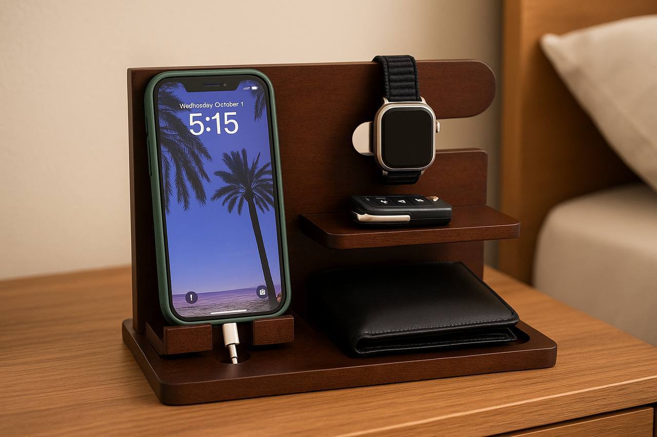 Wooden Phone Docking Station for Men – Nightstand Organizer for Wallet, Keys, Watch, Pen & Glasses – Best Gift for Husband, Dad, Boyfriend
