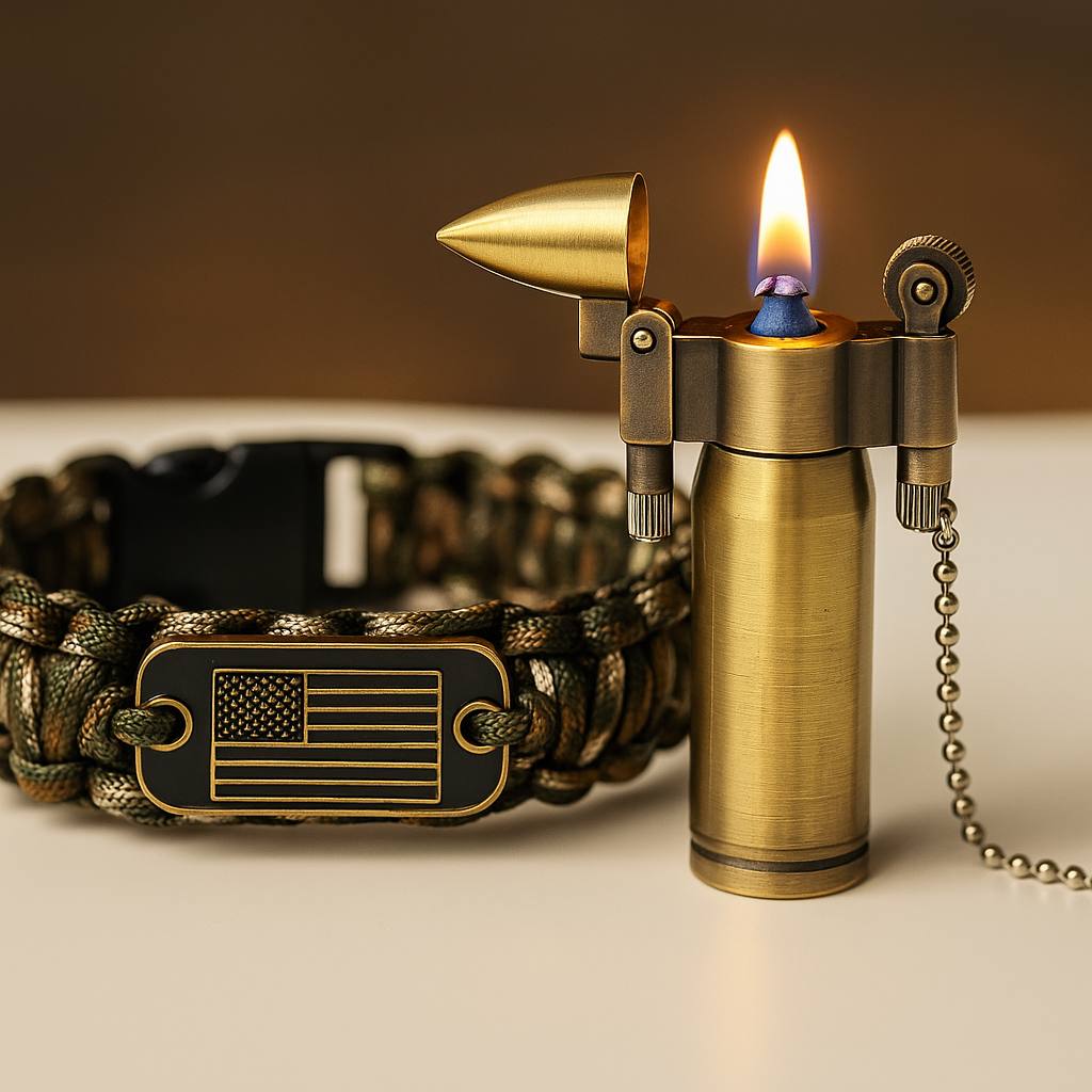 Patriotic Gift Set for Men – American Flag Bracelet, Cross Dog Tag & Vintage Bullet Lighter | Faith & Freedom Editio