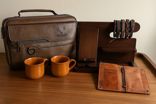 Luxury Men's Gift Box: Leather Briefcase, Wooden Organizer, Wallet & Mugs / Luxury Business Gift for Him, Husband , Dad