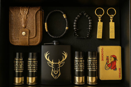 Men's Gift Box Set: Leather Wallet, Bracelet, Whiskey Shot Glasses