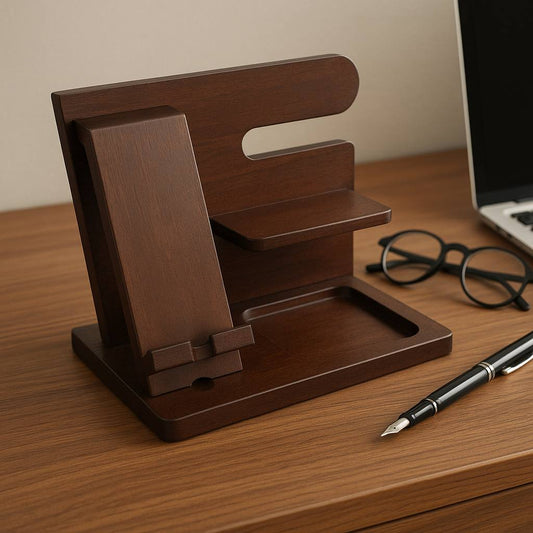Wooden Phone Docking Station for Men – Nightstand Organizer for Wallet, Keys, Watch, Pen & Glasses – Best Gift for Husband, Dad, Boyfriend