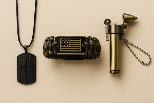 Patriotic Gift Set for Men – American Flag Bracelet, Cross Dog Tag & Vintage Bullet Lighter | Faith & Freedom Editio